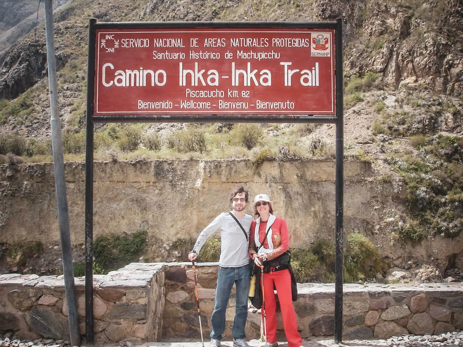 Hikers gathering at the traditional Km 82 starting area of the Inca Trail