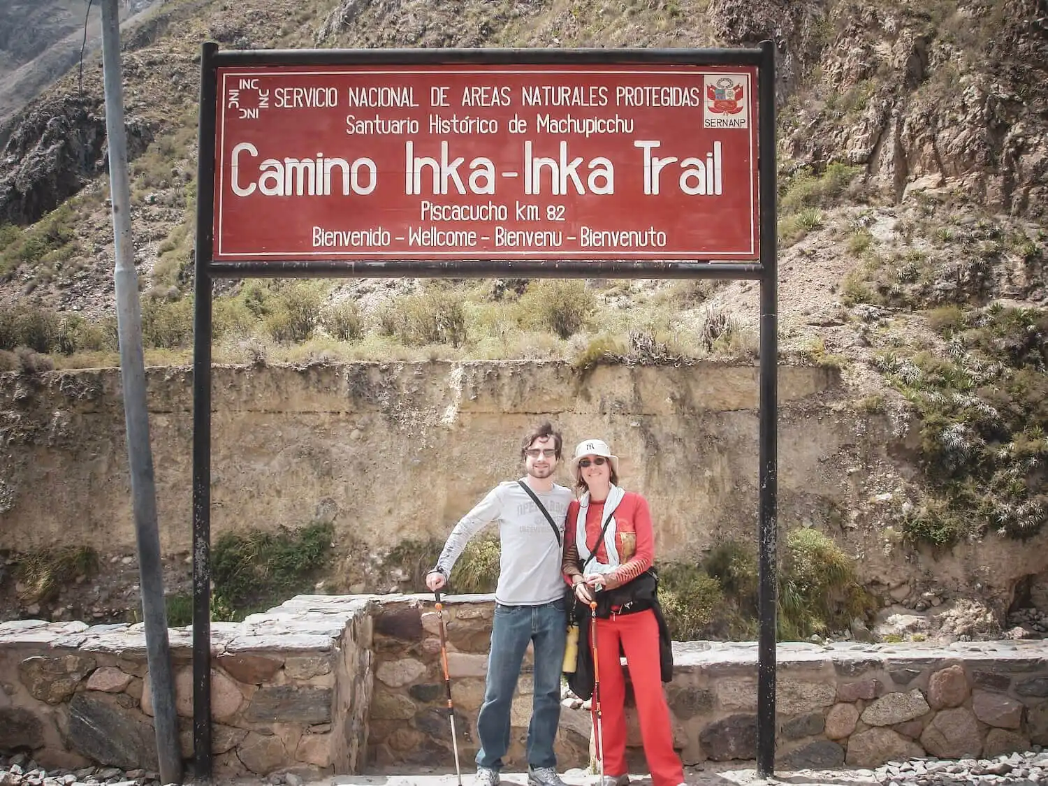 Travelers and support staff preparing near the Classic Inca Trail starting area