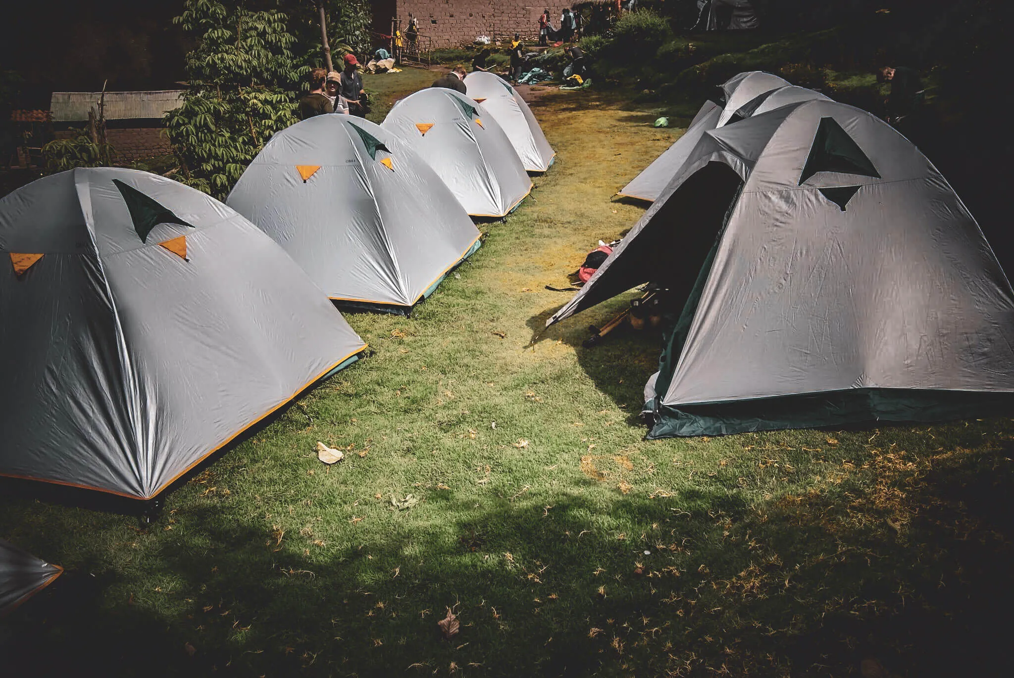 A group of trekking tents arranged at an Inca Trail campsite