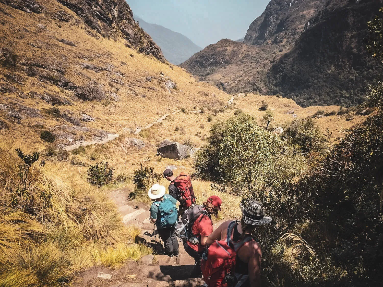 Hikers descending an uneven stone path through dry high-Andean vegetation