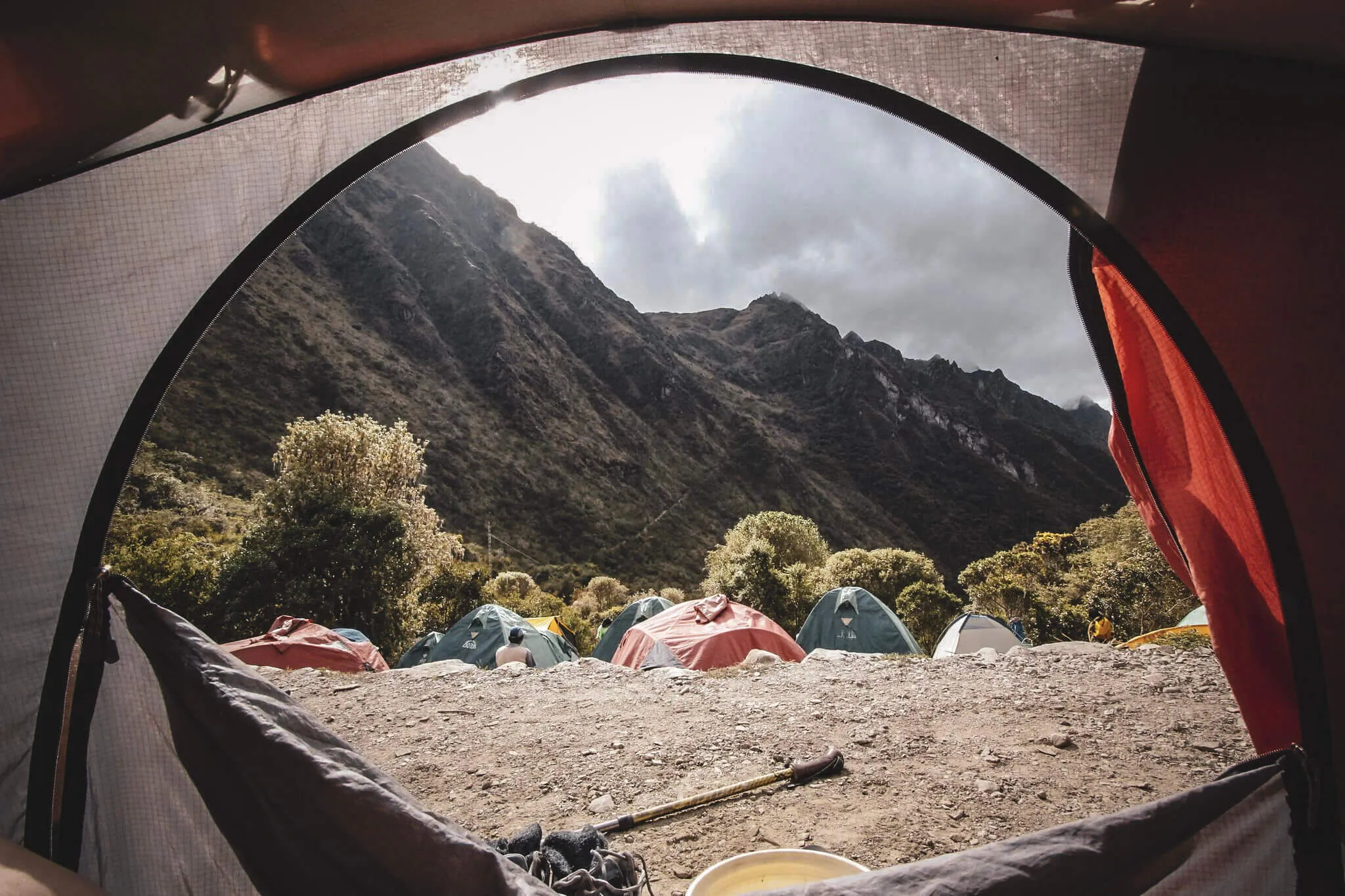 View from a tent across an Inca Trail campsite in the Andes