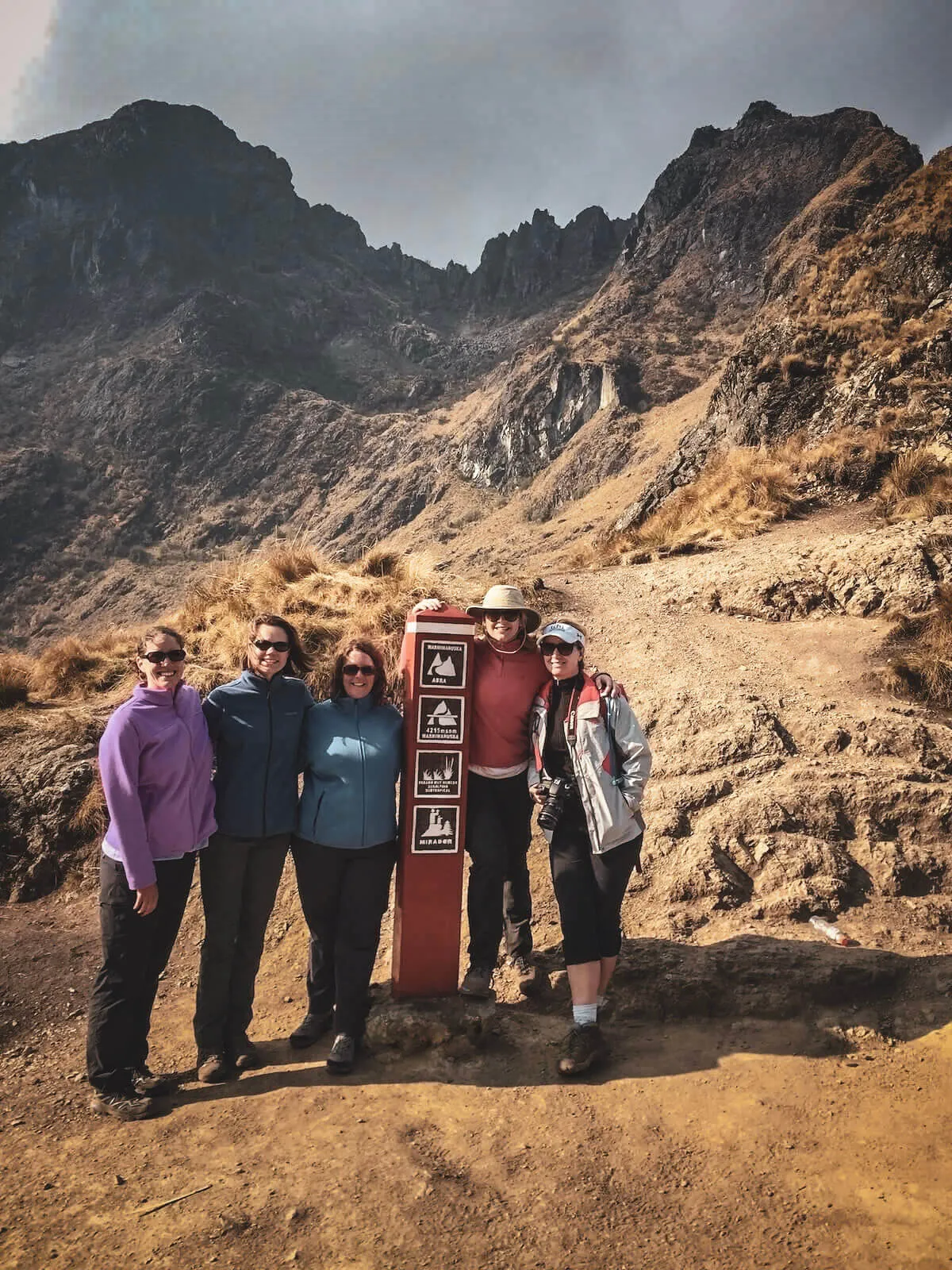 Hikers beside the 4,215-meter Warmi Wañusqa pass marker